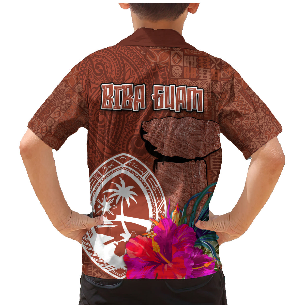 Chamorro Biba Guam Family Matching Mermaid Dress and Hawaiian Shirt Latte Stone Tribal and Hibiscus Flower Tapa Pattern