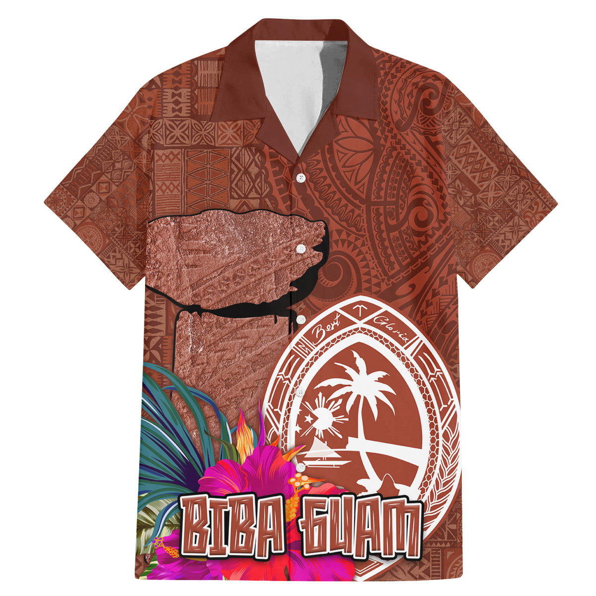 Chamorro Biba Guam Family Matching Mermaid Dress and Hawaiian Shirt Latte Stone Tribal and Hibiscus Flower Tapa Pattern