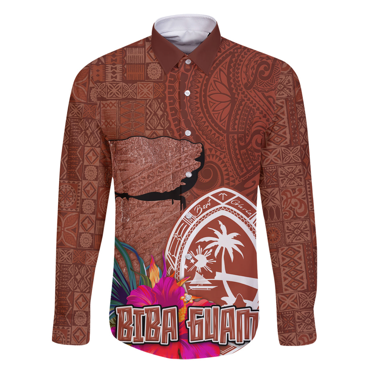 Chamorro Biba Guam Family Matching Off The Shoulder Long Sleeve Dress and Hawaiian Shirt Latte Stone Tribal and Hibiscus Flower Tapa Pattern