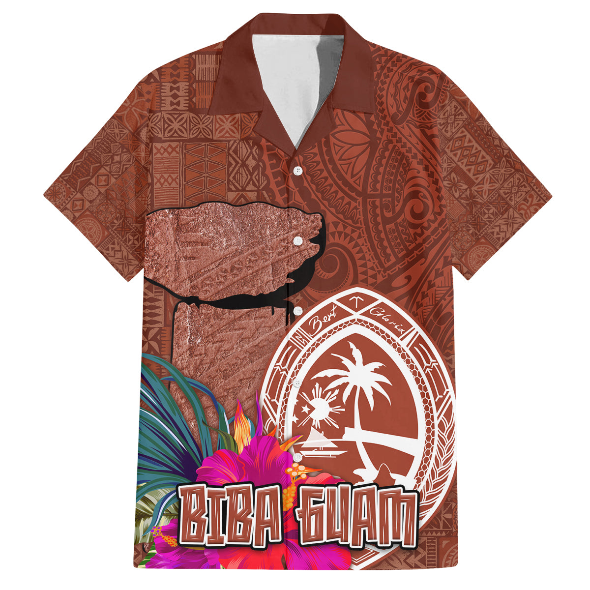 Chamorro Biba Guam Family Matching Tank Maxi Dress and Hawaiian Shirt Latte Stone Tribal and Hibiscus Flower Tapa Pattern
