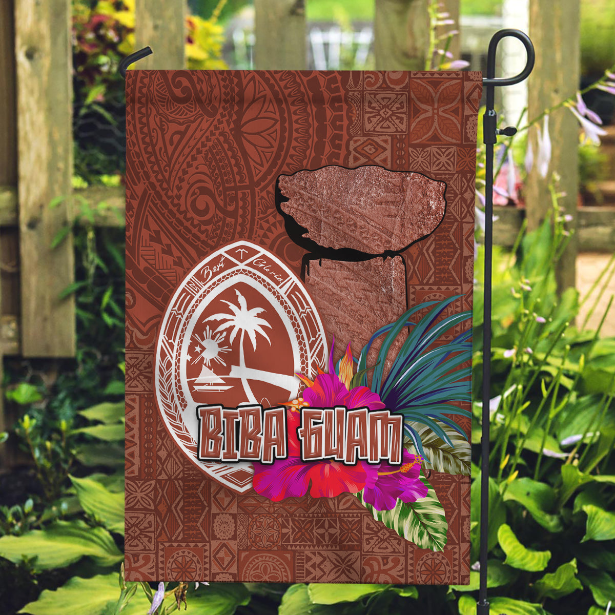 Chamorro Biba Guam Garden Flag Latte Stone Tribal and Hibiscus Flower Tapa Pattern