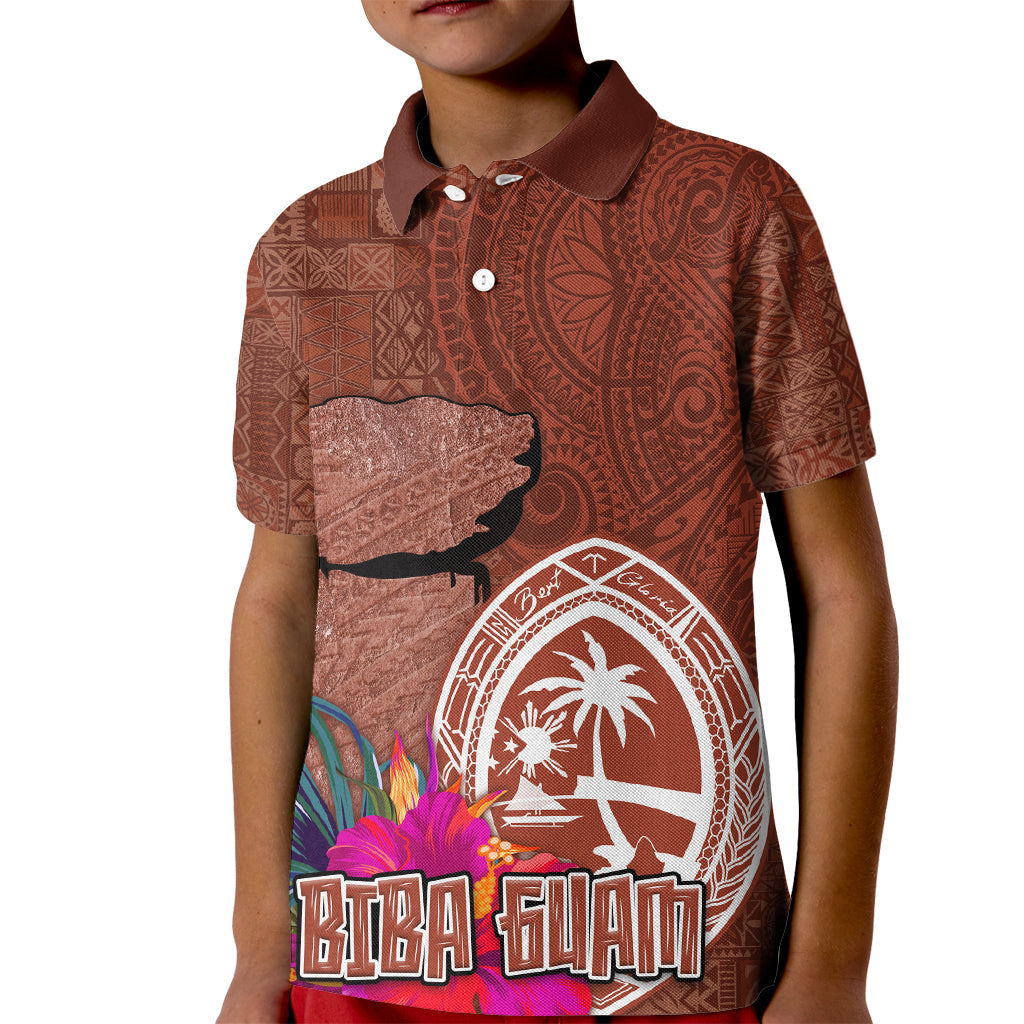 Chamorro Biba Guam Kid Polo Shirt Latte Stone Tribal and Hibiscus Flower Tapa Pattern