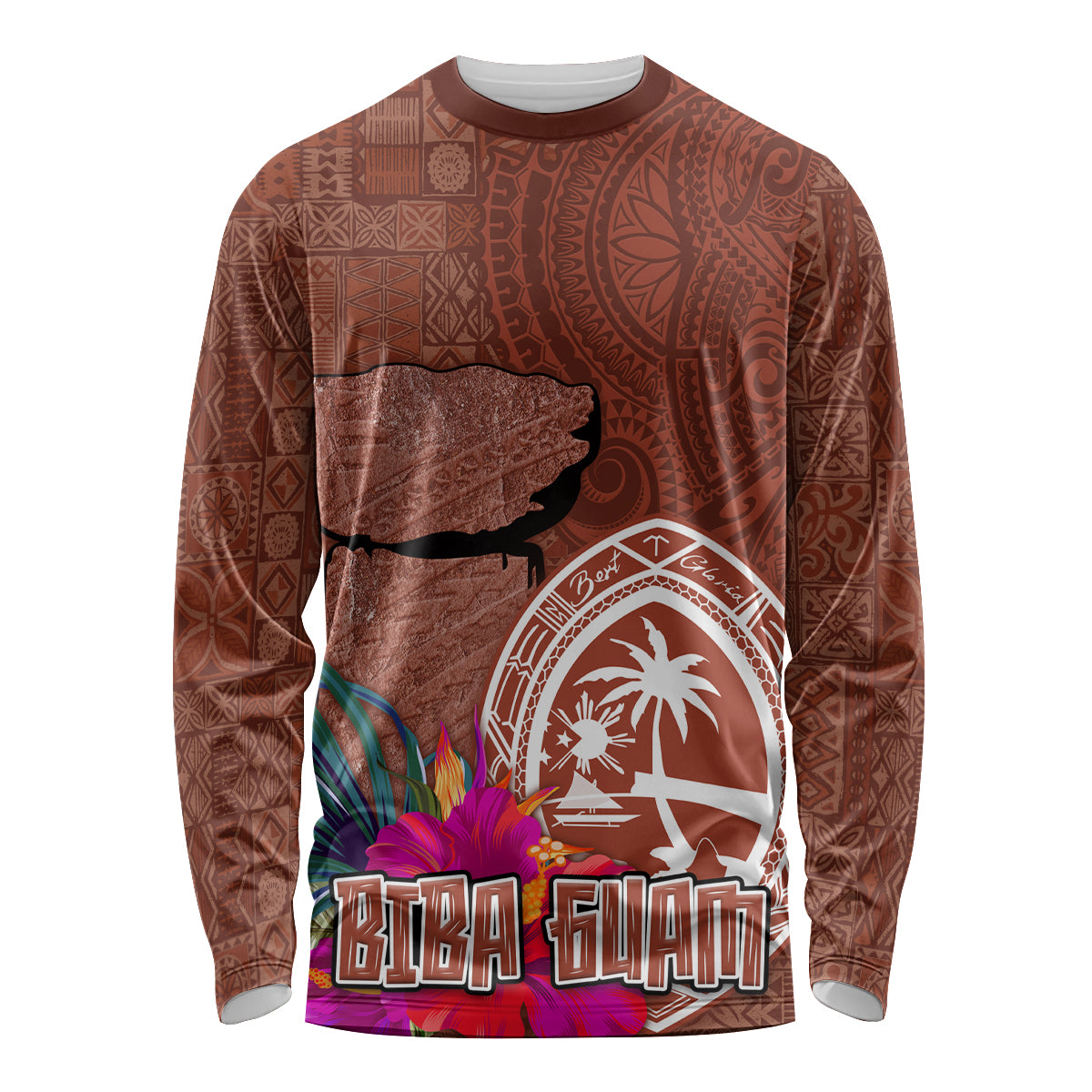 Chamorro Biba Guam Long Sleeve Shirt Latte Stone Tribal and Hibiscus Flower Tapa Pattern LT03 Unisex Brown - Polynesian Pride