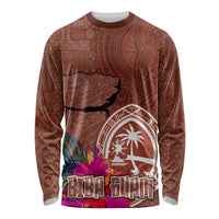 Chamorro Biba Guam Long Sleeve Shirt Latte Stone Tribal and Hibiscus Flower Tapa Pattern LT03 Unisex Brown - Polynesian Pride