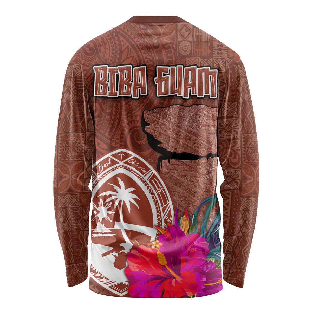Chamorro Biba Guam Long Sleeve Shirt Latte Stone Tribal and Hibiscus Flower Tapa Pattern LT03 - Polynesian Pride