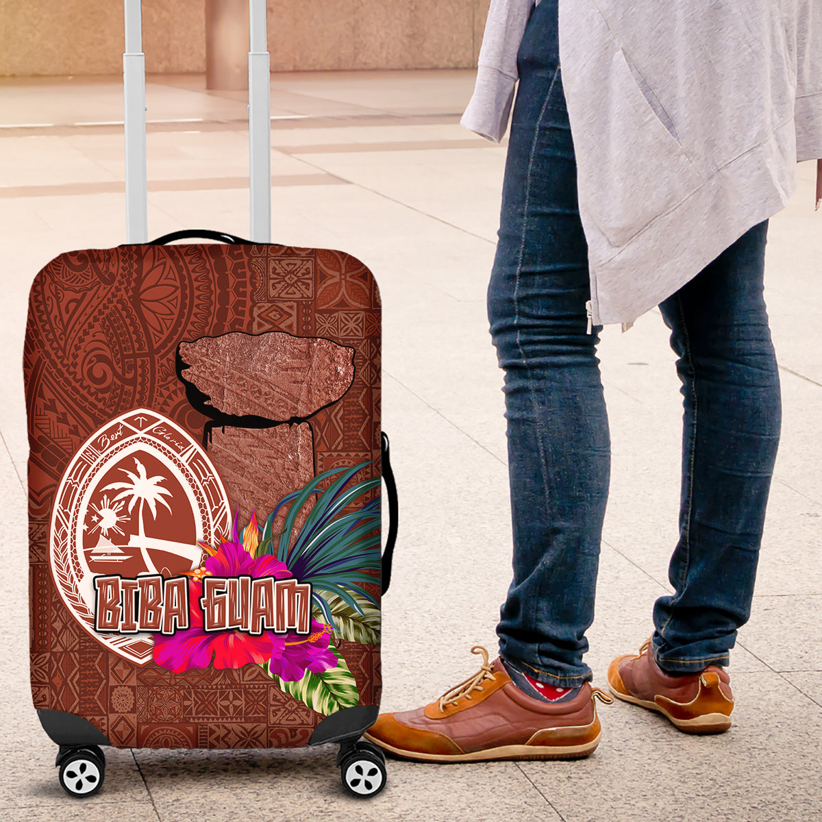 Chamorro Biba Guam Luggage Cover Latte Stone Tribal and Hibiscus Flower Tapa Pattern