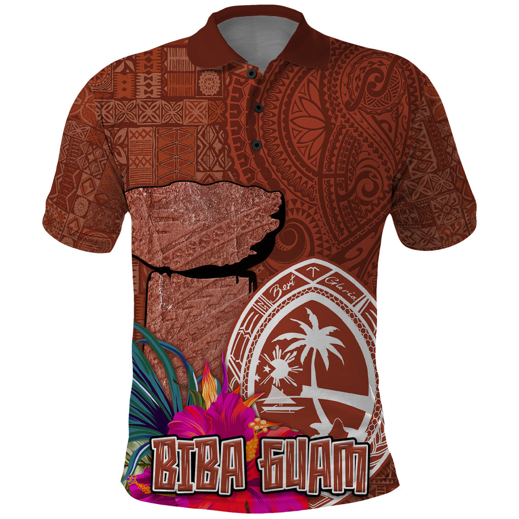 Chamorro Biba Guam Polo Shirt Latte Stone Tribal and Hibiscus Flower Tapa Pattern