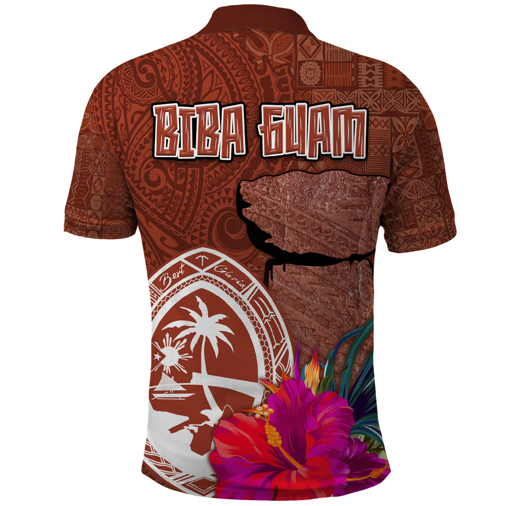 Chamorro Biba Guam Polo Shirt Latte Stone Tribal and Hibiscus Flower Tapa Pattern