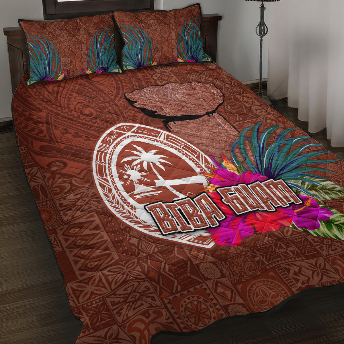 Chamorro Biba Guam Quilt Bed Set Latte Stone Tribal and Hibiscus Flower Tapa Pattern