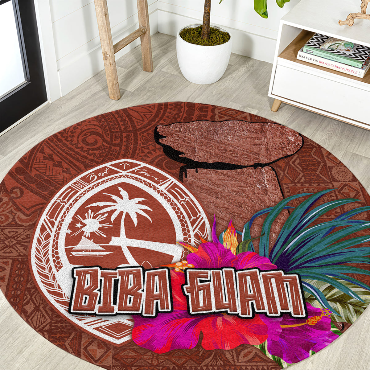 Chamorro Biba Guam Round Carpet Latte Stone Tribal and Hibiscus Flower Tapa Pattern