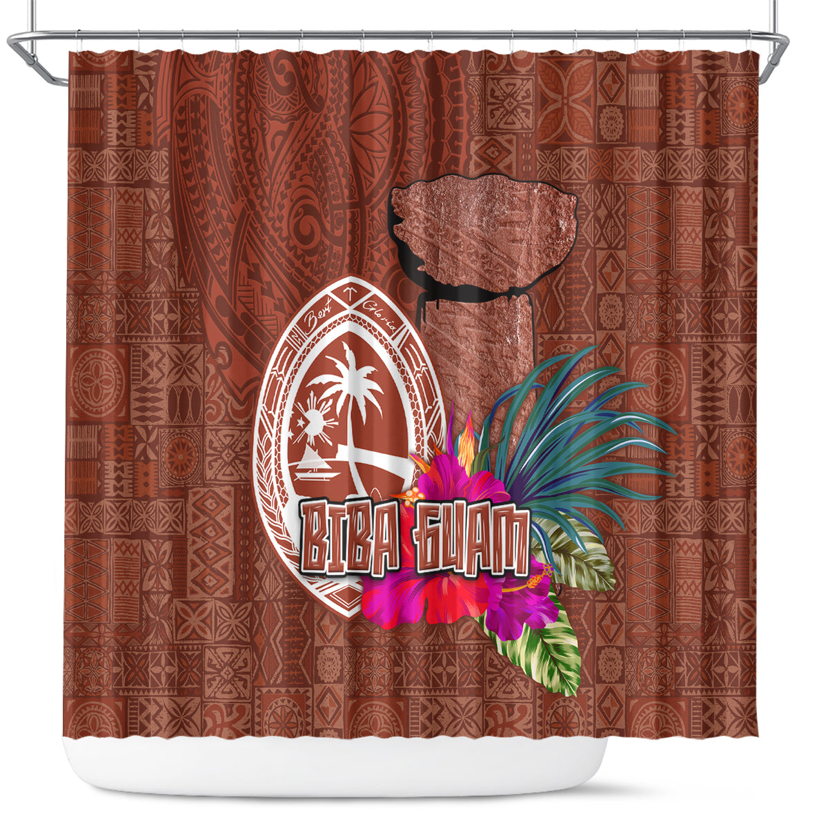 Chamorro Biba Guam Shower Curtain Latte Stone Tribal and Hibiscus Flower Tapa Pattern