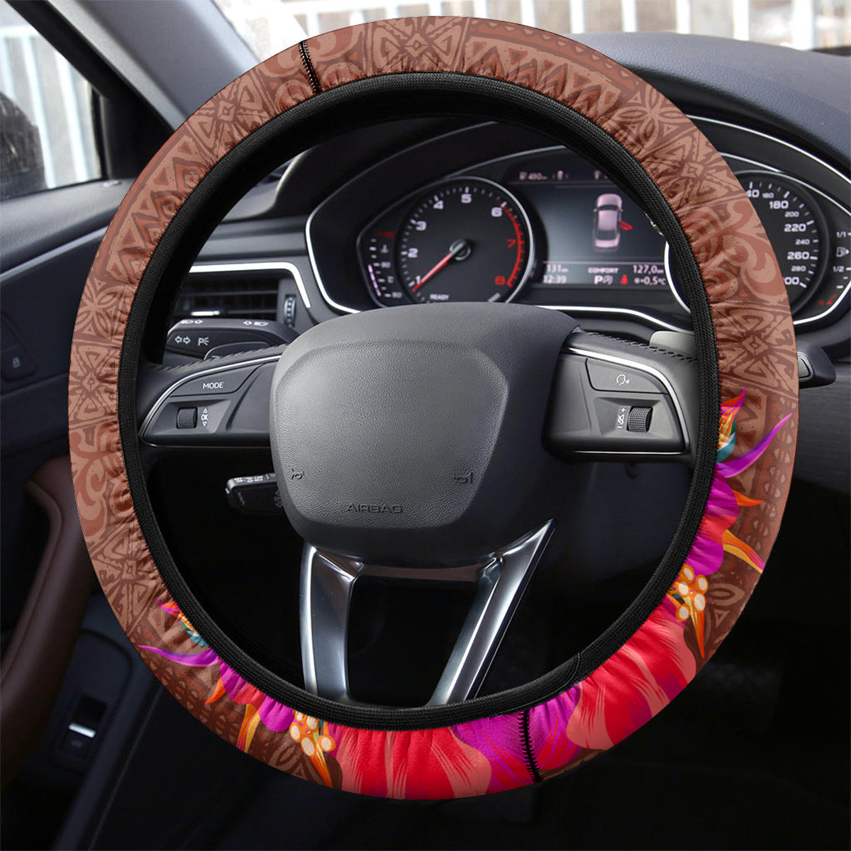 Chamorro Biba Guam Steering Wheel Cover Latte Stone Tribal and Hibiscus Flower Tapa Pattern