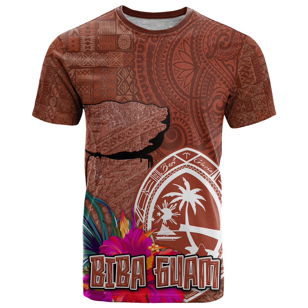 Chamorro Biba Guam T Shirt Latte Stone Tribal and Hibiscus Flower Tapa Pattern