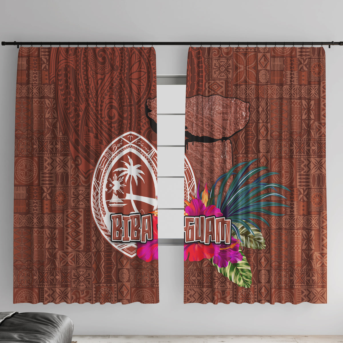 Chamorro Biba Guam Window Curtain Latte Stone Tribal and Hibiscus Flower Tapa Pattern