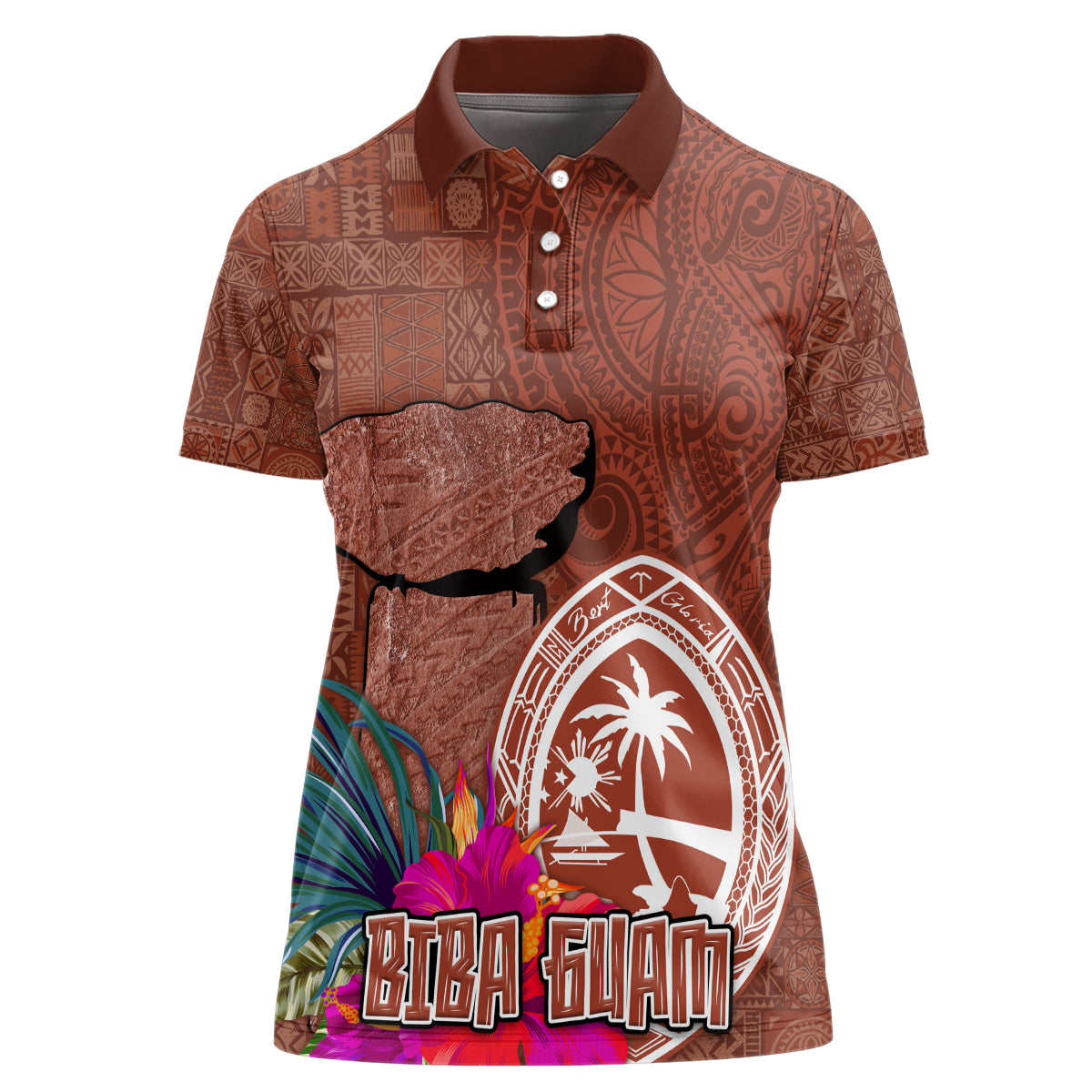 Chamorro Biba Guam Women Polo Shirt Latte Stone Tribal and Hibiscus Flower Tapa Pattern