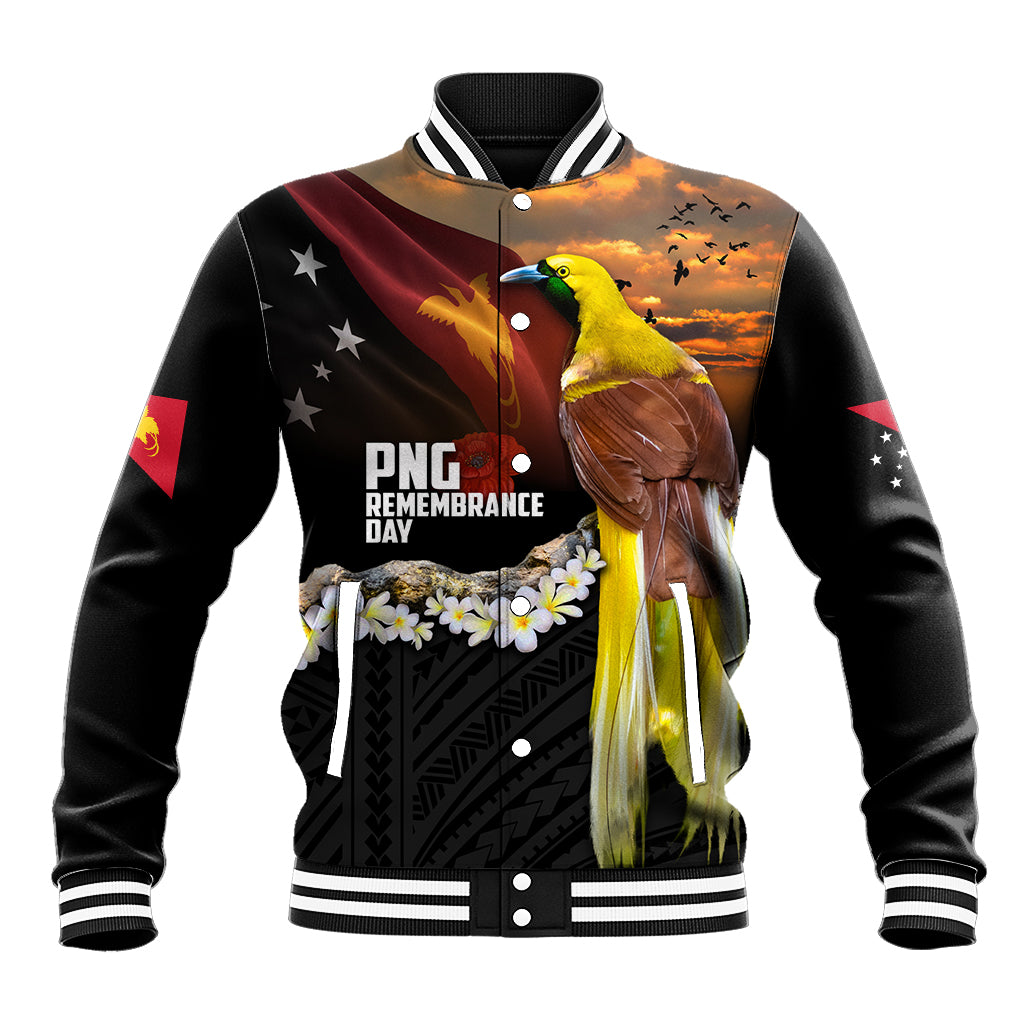 Papua New Guinea Remembrance Day Baseball Jacket Bird of Paradise Plumeria Flower and Polynesian Pattern