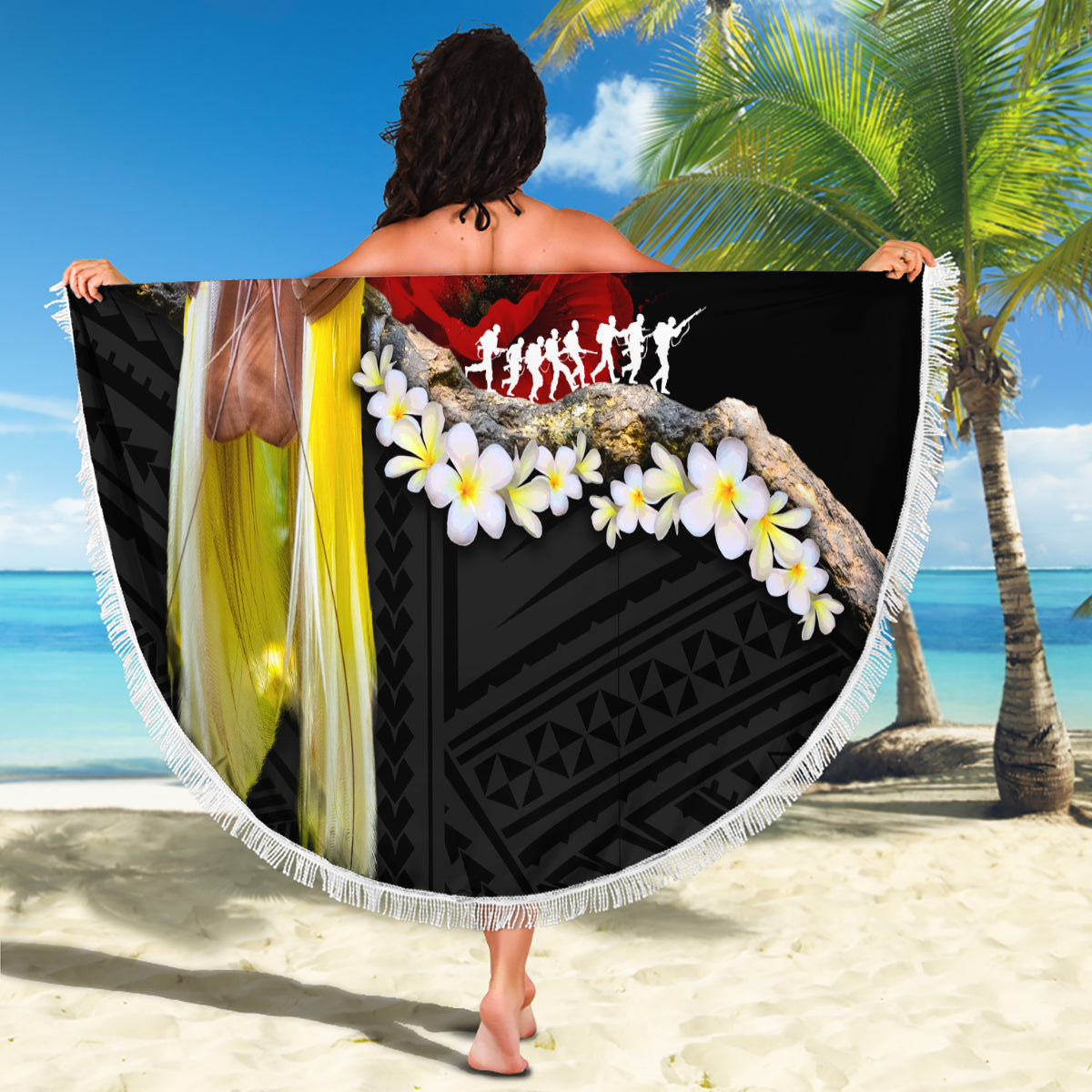 Papua New Guinea Remembrance Day Beach Blanket Bird of Paradise Plumeria Flower and Polynesian Pattern