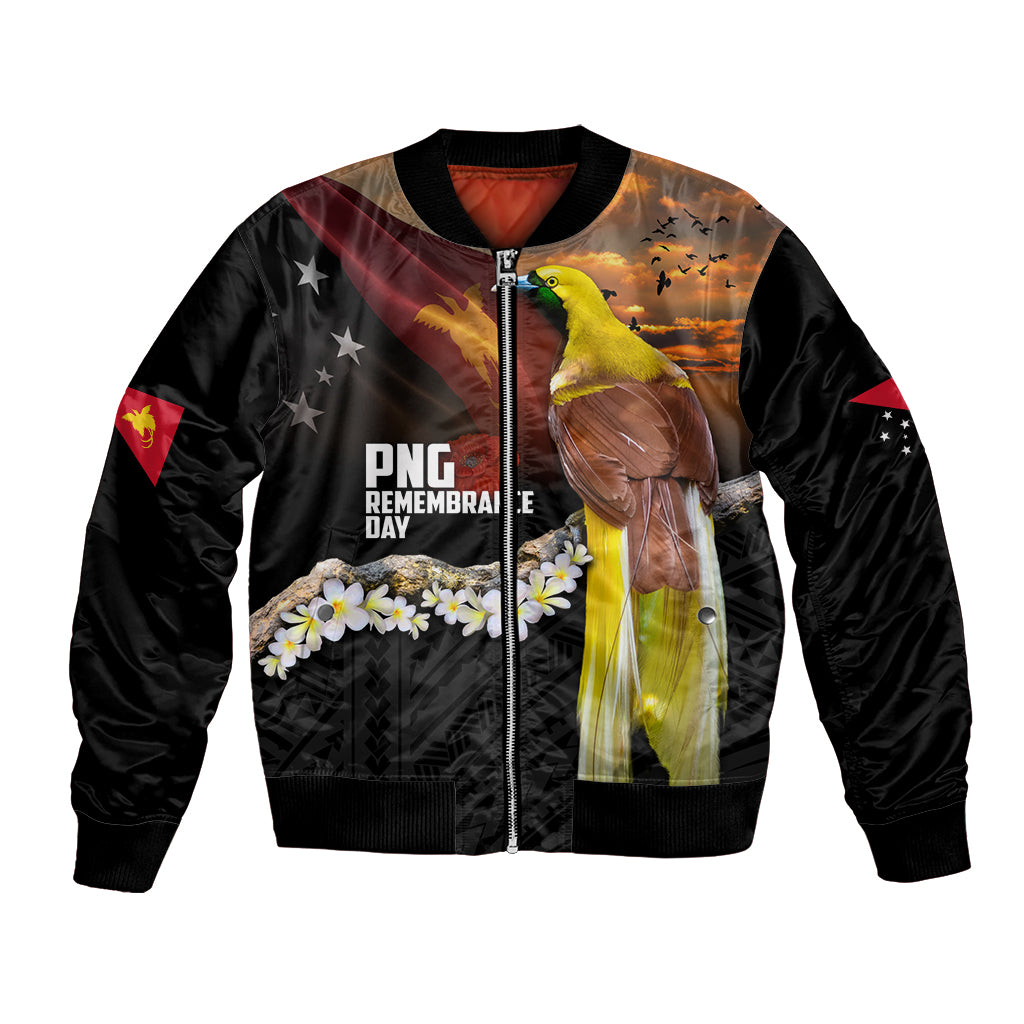 Papua New Guinea Remembrance Day Bomber Jacket Bird of Paradise Plumeria Flower and Polynesian Pattern LT03 Unisex Black - Polynesian Pride