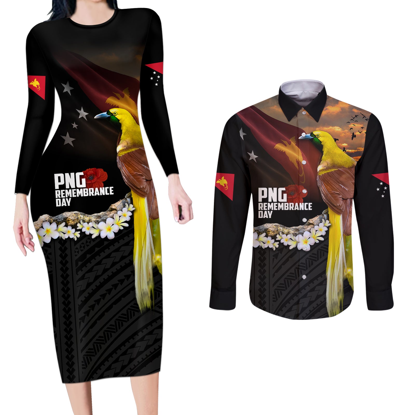 Papua New Guinea Remembrance Day Couples Matching Long Sleeve Bodycon Dress and Long Sleeve Button Shirt Bird of Paradise Plumeria Flower and Polynesian Pattern LT03 Black - Polynesian Pride