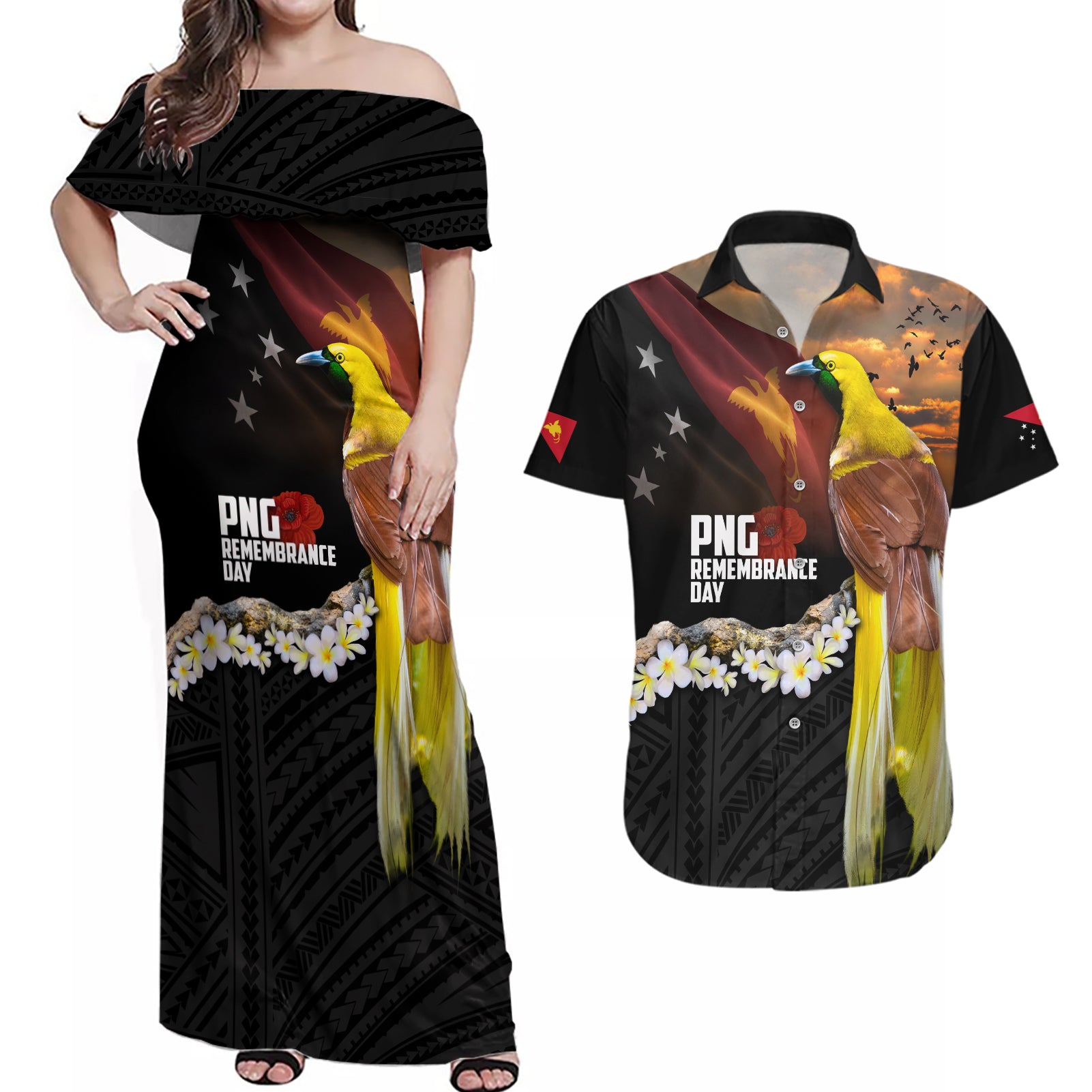 Papua New Guinea Remembrance Day Couples Matching Off Shoulder Maxi Dress and Hawaiian Shirt Bird of Paradise Plumeria Flower and Polynesian Pattern