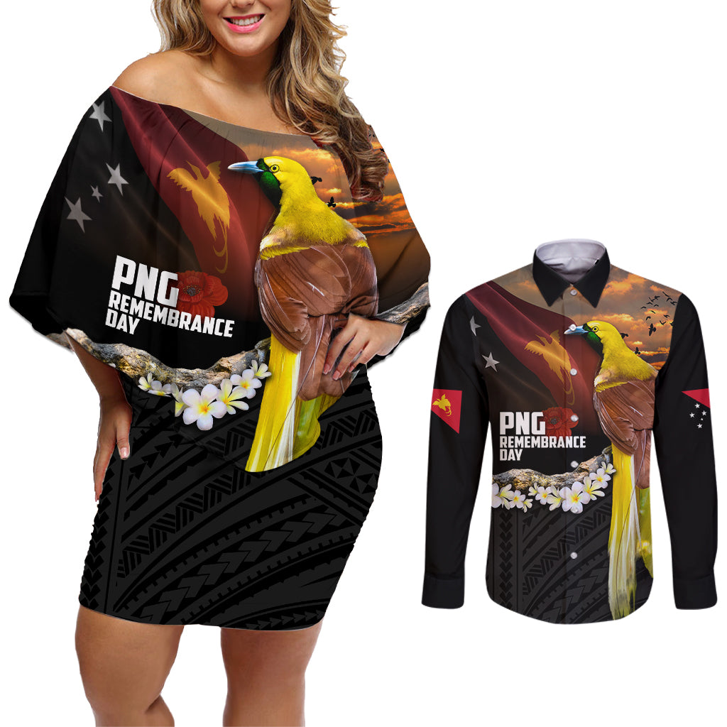 Papua New Guinea Remembrance Day Couples Matching Off Shoulder Short Dress and Long Sleeve Button Shirt Bird of Paradise Plumeria Flower and Polynesian Pattern