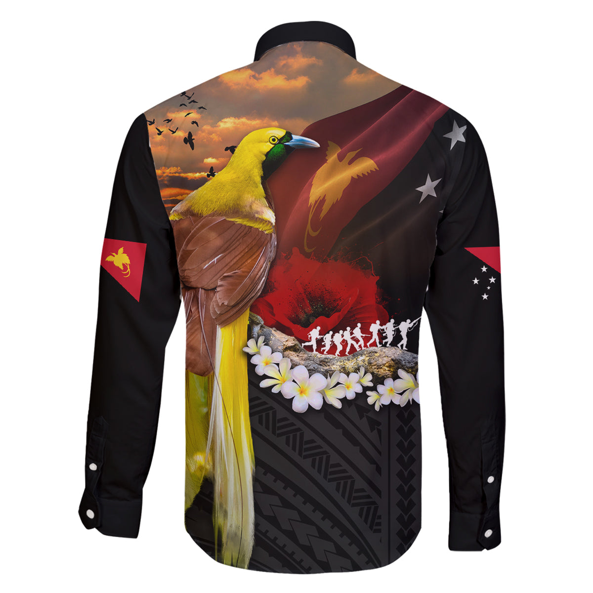 Papua New Guinea Remembrance Day Family Matching Off The Shoulder Long Sleeve Dress and Hawaiian Shirt Bird of Paradise Plumeria Flower and Polynesian Pattern LT03 - Polynesian Pride