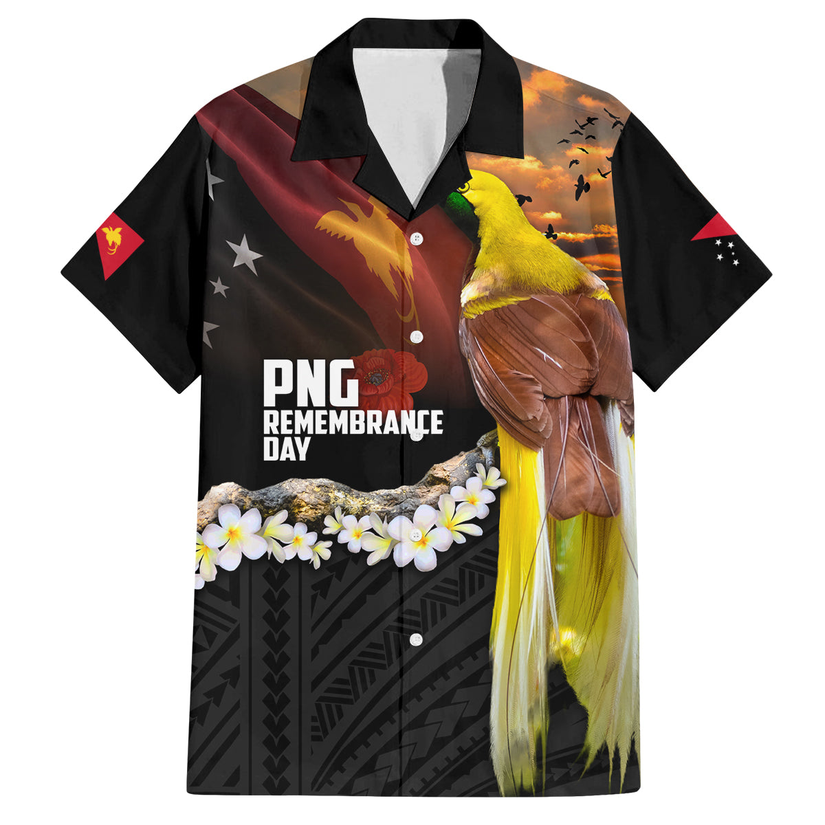 Papua New Guinea Remembrance Day Family Matching Puletasi and Hawaiian Shirt Bird of Paradise Plumeria Flower and Polynesian Pattern LT03 Dad's Shirt - Short Sleeve Black - Polynesian Pride