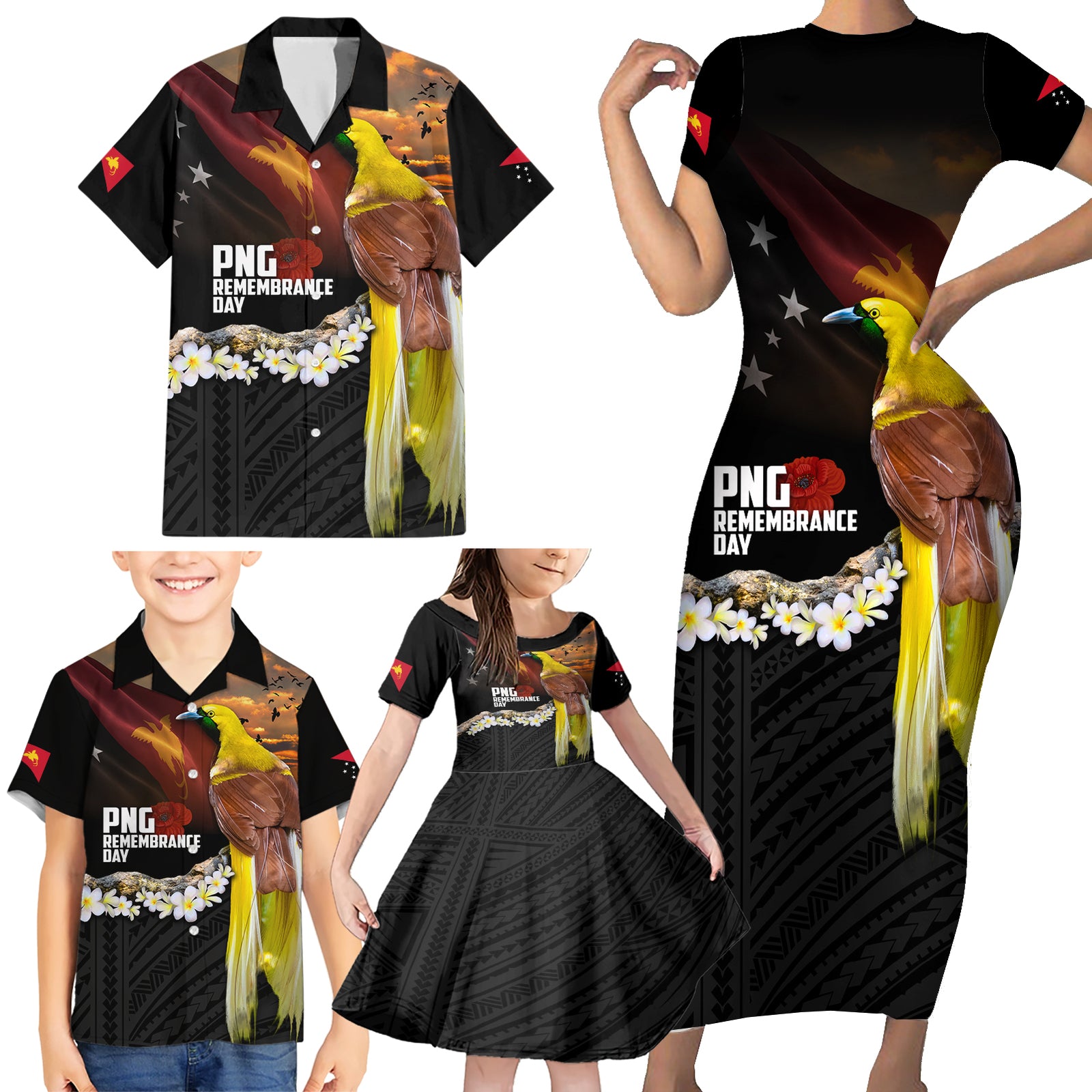 Papua New Guinea Remembrance Day Family Matching Short Sleeve Bodycon Dress and Hawaiian Shirt Bird of Paradise Plumeria Flower and Polynesian Pattern LT03 - Polynesian Pride