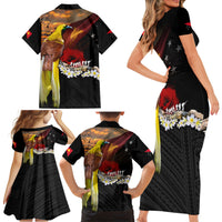 Papua New Guinea Remembrance Day Family Matching Short Sleeve Bodycon Dress and Hawaiian Shirt Bird of Paradise Plumeria Flower and Polynesian Pattern