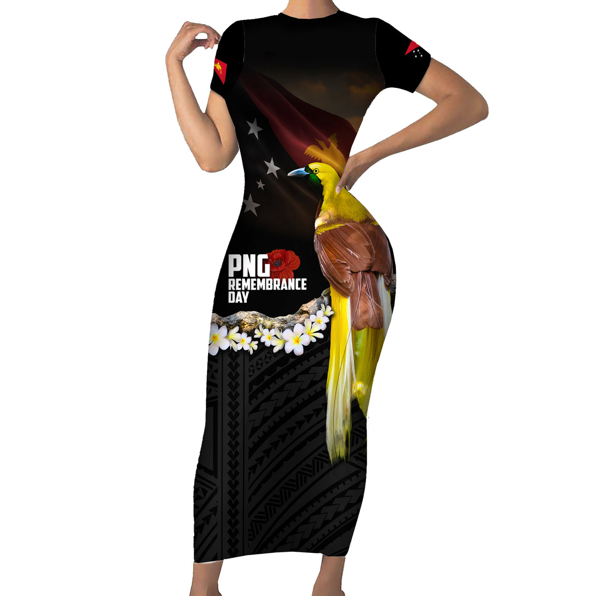 Papua New Guinea Remembrance Day Family Matching Short Sleeve Bodycon Dress and Hawaiian Shirt Bird of Paradise Plumeria Flower and Polynesian Pattern