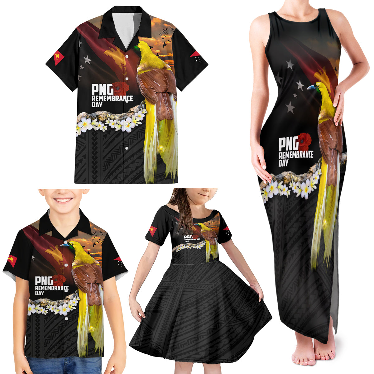 Papua New Guinea Remembrance Day Family Matching Tank Maxi Dress and Hawaiian Shirt Bird of Paradise Plumeria Flower and Polynesian Pattern LT03 - Polynesian Pride