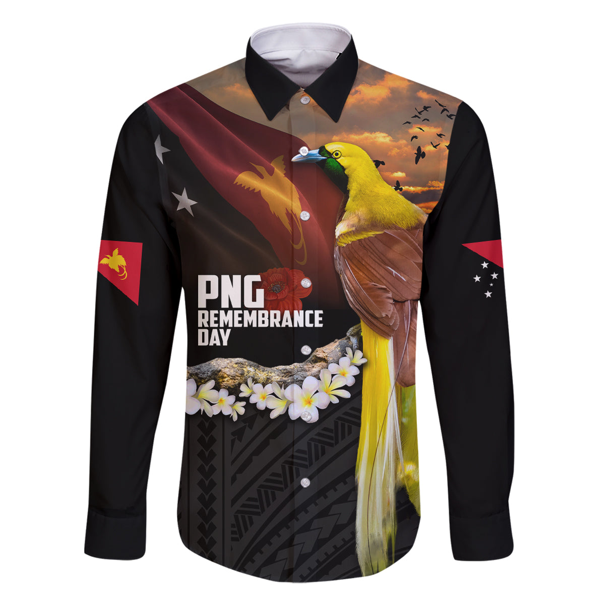 Papua New Guinea Remembrance Day Family Matching Tank Maxi Dress and Hawaiian Shirt Bird of Paradise Plumeria Flower and Polynesian Pattern LT03 Dad's Shirt - Long Sleeve Black - Polynesian Pride
