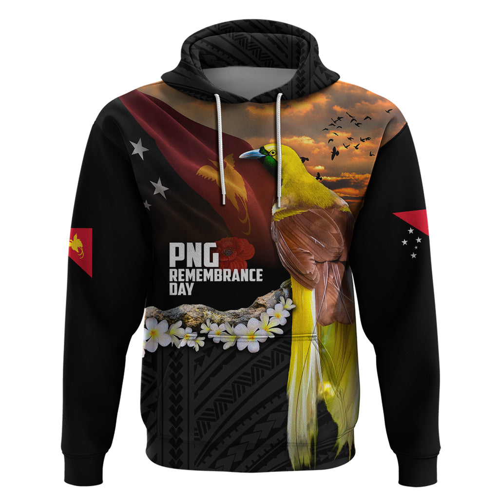 Papua New Guinea Remembrance Day Hoodie Bird of Paradise Plumeria Flower and Polynesian Pattern