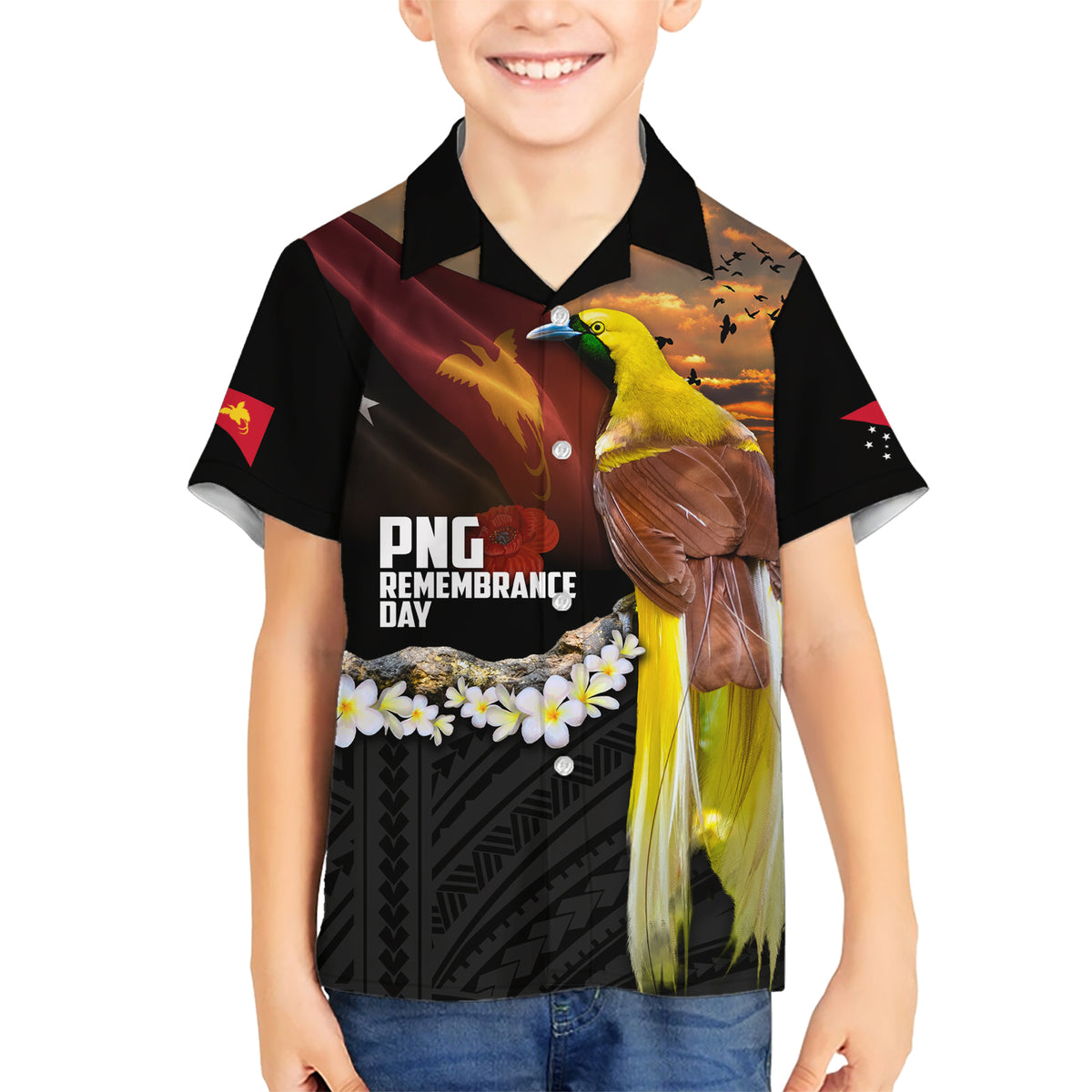Papua New Guinea Remembrance Day Kid Hawaiian Shirt Bird of Paradise Plumeria Flower and Polynesian Pattern