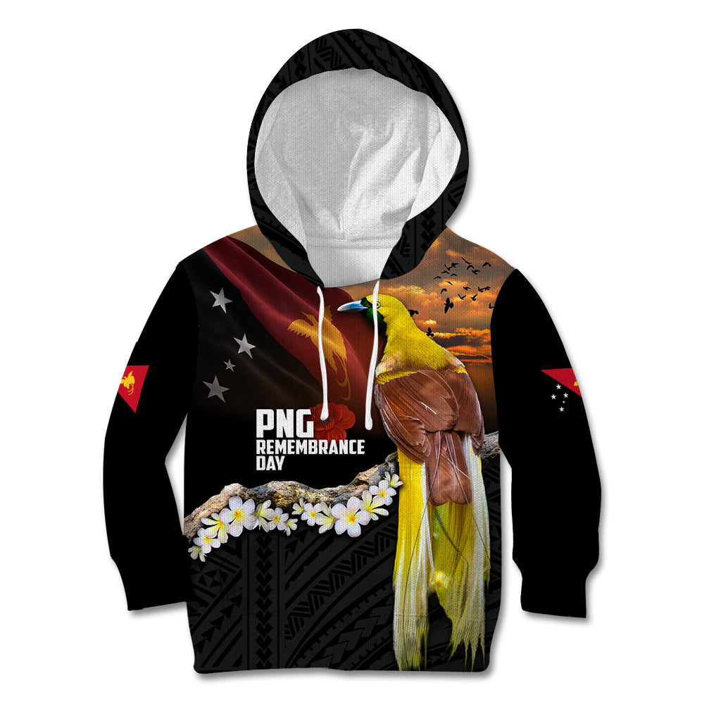 Papua New Guinea Remembrance Day Kid Hoodie Bird of Paradise Plumeria Flower and Polynesian Pattern LT03 Hoodie Black - Polynesian Pride
