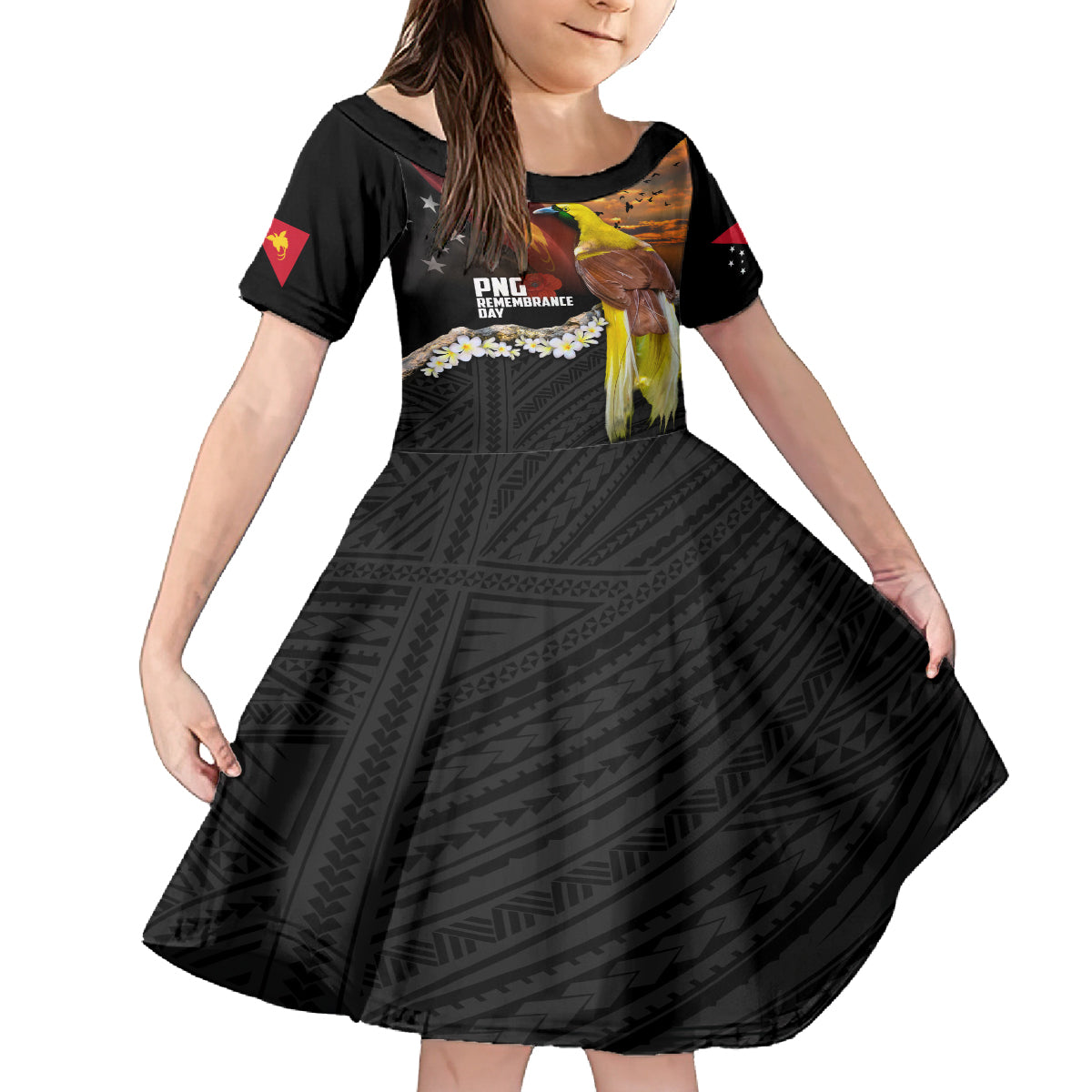 Papua New Guinea Remembrance Day Kid Short Sleeve Dress Bird of Paradise Plumeria Flower and Polynesian Pattern LT03 KID Black - Polynesian Pride