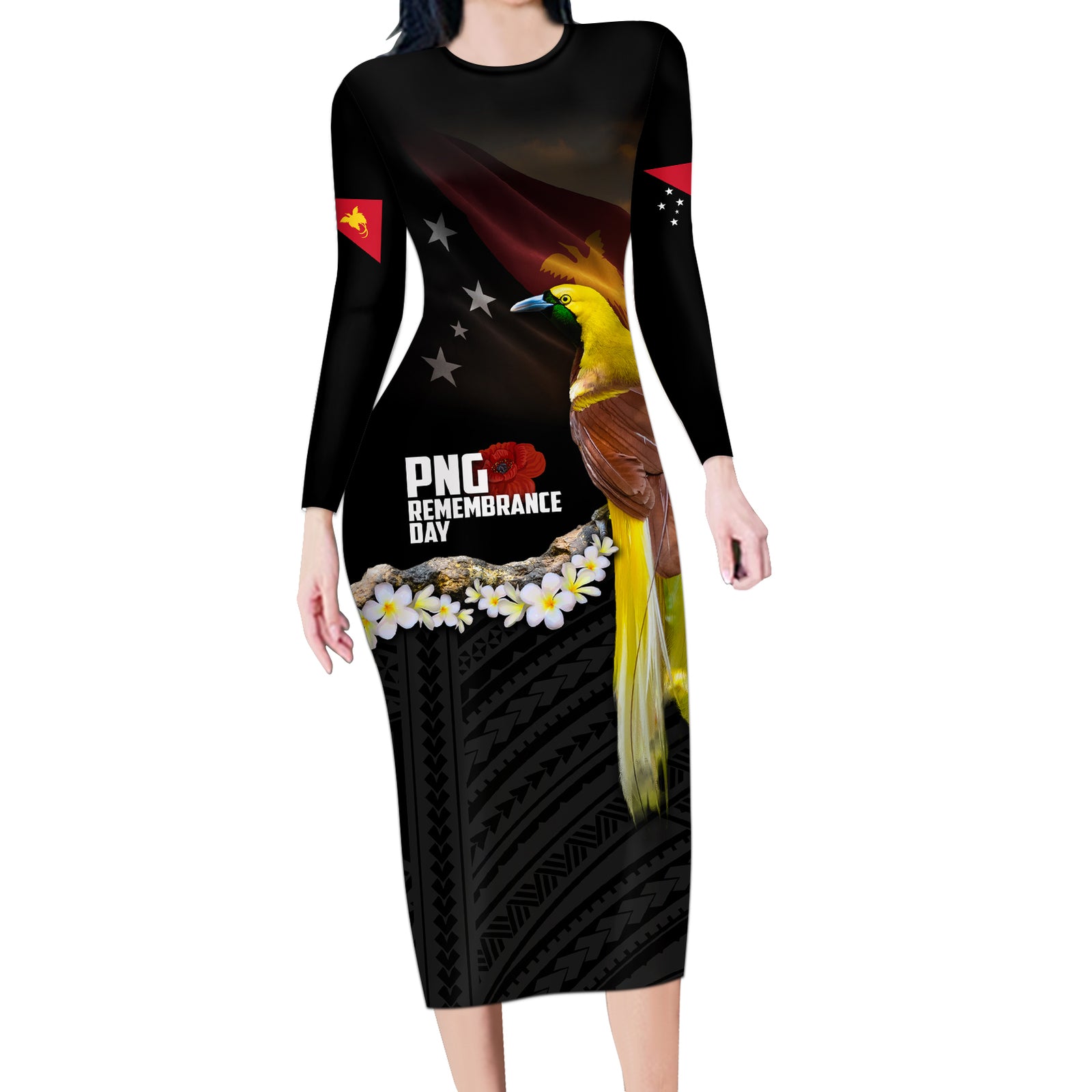 Papua New Guinea Remembrance Day Long Sleeve Bodycon Dress Bird of Paradise Plumeria Flower and Polynesian Pattern LT03 Long Dress Black - Polynesian Pride