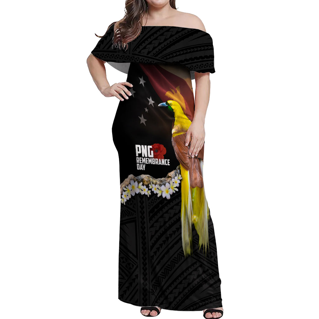 Papua New Guinea Remembrance Day Off Shoulder Maxi Dress Bird of Paradise Plumeria Flower and Polynesian Pattern LT03 Women Black - Polynesian Pride