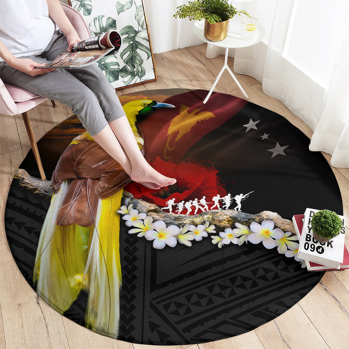 Papua New Guinea Remembrance Day Round Carpet Bird of Paradise Plumeria Flower and Polynesian Pattern LT03 - Polynesian Pride