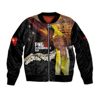 Papua New Guinea Remembrance Day Sleeve Zip Bomber Jacket Bird of Paradise Plumeria Flower and Polynesian Pattern