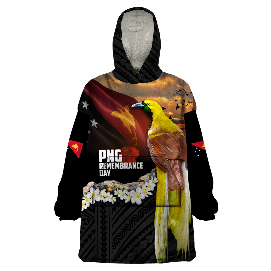 Papua New Guinea Remembrance Day Wearable Blanket Hoodie Bird of Paradise Plumeria Flower and Polynesian Pattern LT03 One Size Black - Polynesian Pride
