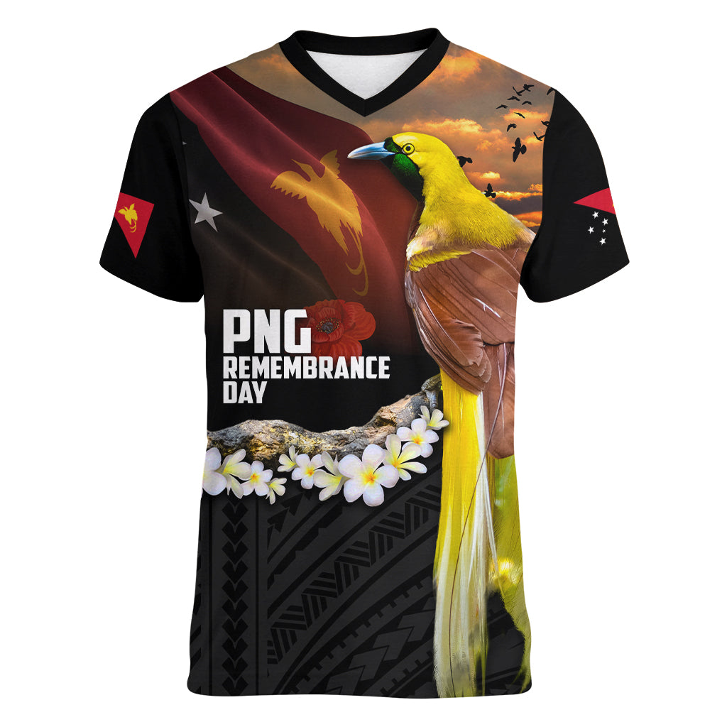 Papua New Guinea Remembrance Day Women V-Neck T-Shirt Bird of Paradise Plumeria Flower and Polynesian Pattern