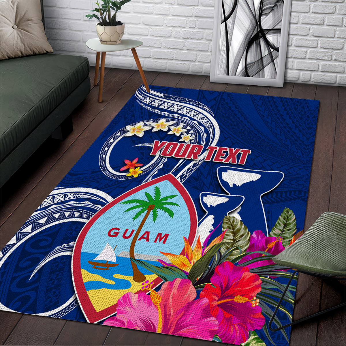 Personalised Guam Liberation Area Rug Latte Stone and Guahan Seal Jungle Flower