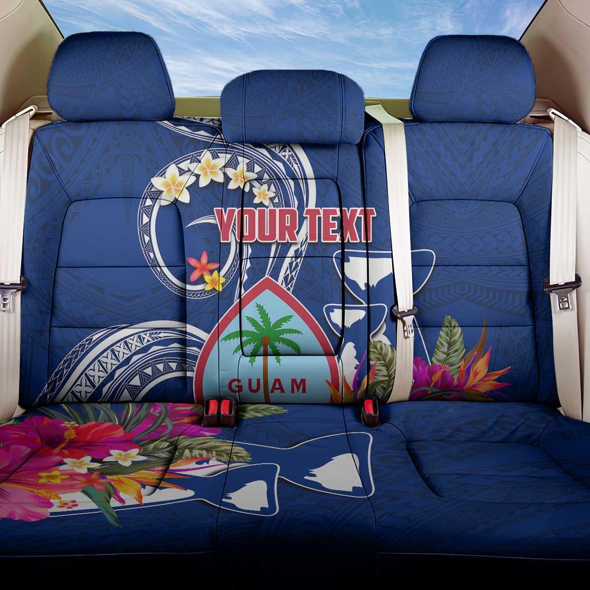 Personalised Guam Liberation Back Car Seat Cover Latte Stone and Guahan Seal Jungle Flower