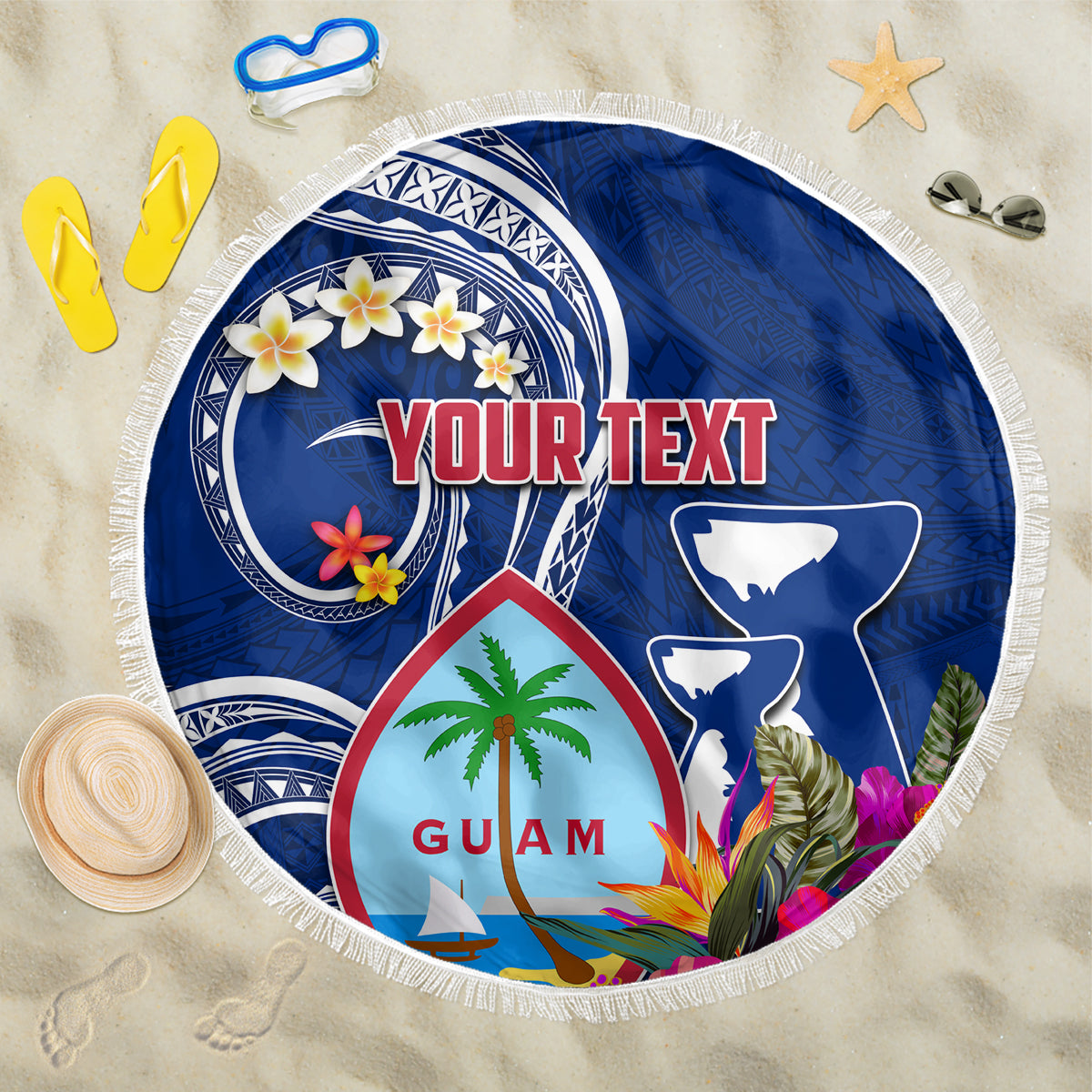 Personalised Guam Liberation Beach Blanket Latte Stone and Guahan Seal Jungle Flower