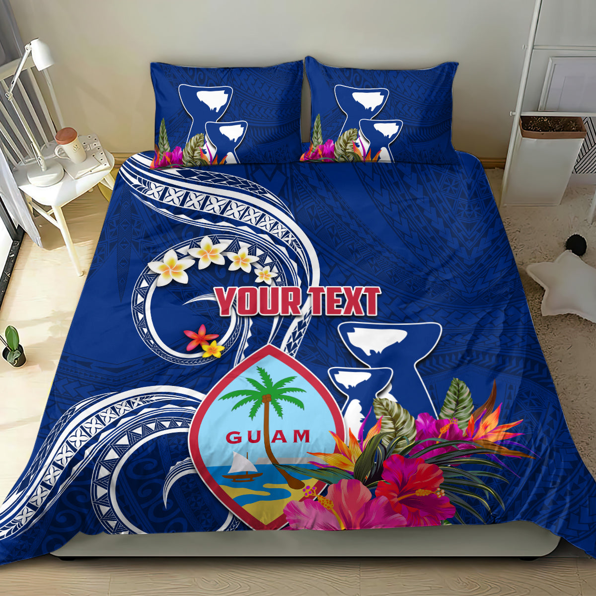 Personalised Guam Liberation Bedding Set Latte Stone and Guahan Seal Jungle Flower