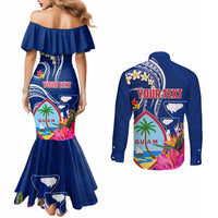 Guam Liberation Couples Matching Mermaid Dress and Long Sleeve Button Shirt Latte Stone and Guahan Seal Jungle Flower
