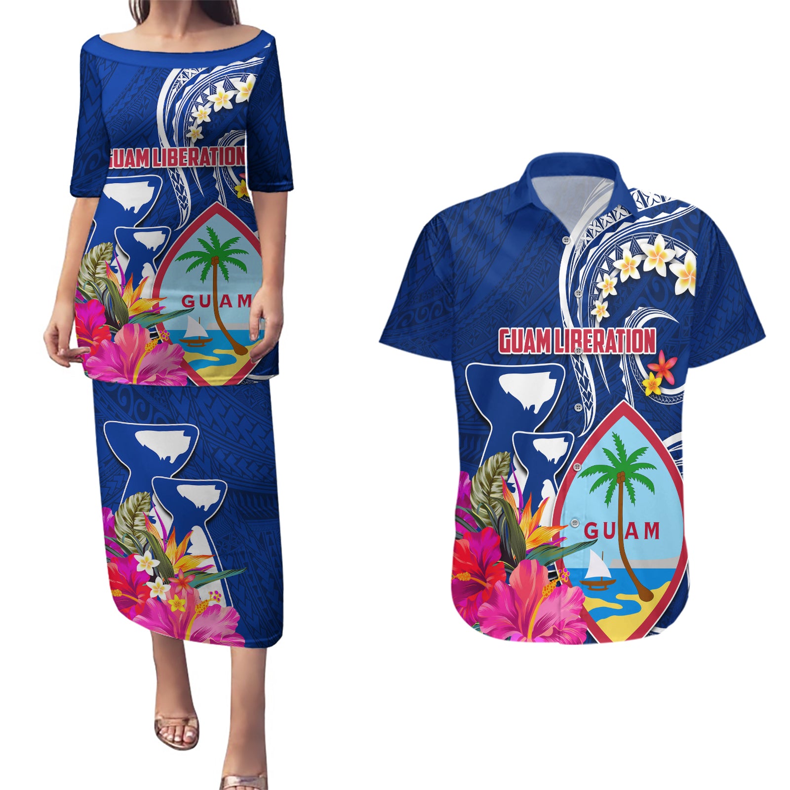 Guam Liberation Couples Matching Puletasi and Hawaiian Shirt Latte Stone and Guahan Seal Jungle Flower