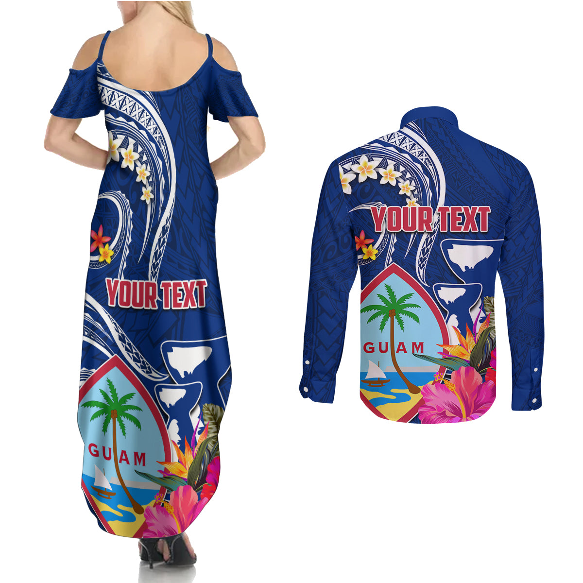 Guam Liberation Couples Matching Summer Maxi Dress and Long Sleeve Button Shirt Latte Stone and Guahan Seal Jungle Flower