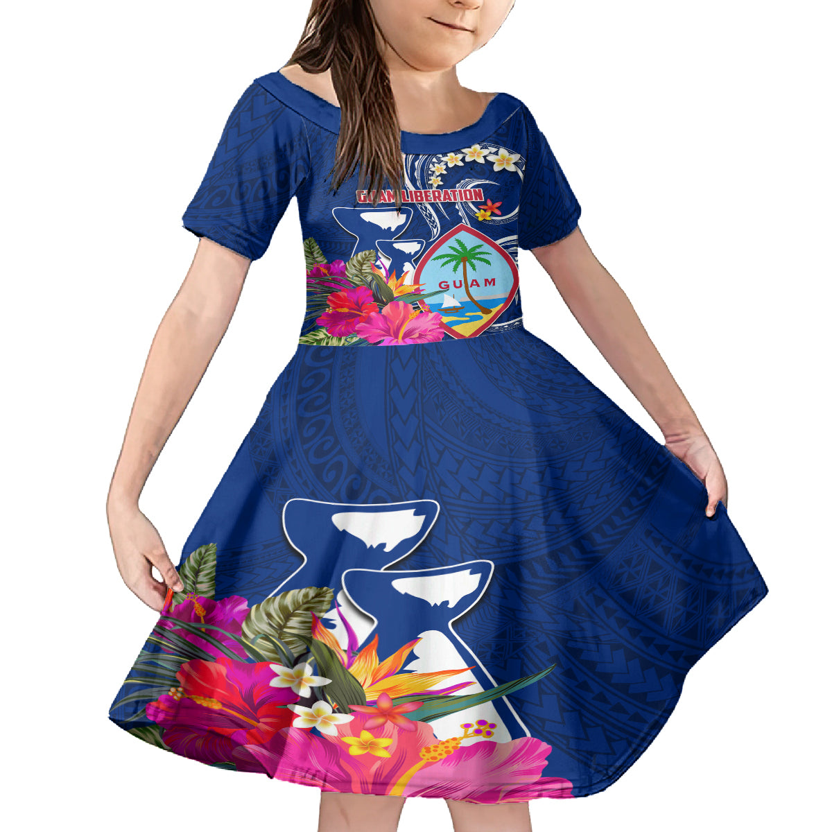 Personalised Guam Liberation Family Matching Puletasi and Hawaiian Shirt Latte Stone and Guahan Seal Jungle Flower LT03 Daughter's Dress Blue - Polynesian Pride